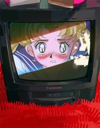  1girl bishoujo_senshi_sailor_moon blonde_hair blush brown_hair crt earrings highres jewelry long_hair magical_girl ramon_nunez sailor_collar sailor_moon solo tagme television toshiba twintails 