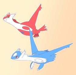  commentary english_commentary full_body gradient_background latias latios looking_at_another no_humans outline pokemon pokemon_(creature) pokemon_focus red_eyes smile vergolophus white_outline wings yellow_background yellow_eyes 
