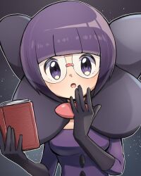  1girl blunt_bangs bob_cut book bow breasts brooch buttons elbow_gloves fire glasses gloves holding holding_book jewelry large_bow low_neckline medium_breasts neck_pillow pokemon pokemon_black_and_white purple_fire purple_hair purple_skirt ribapi_illust rimless_eyewear round_eyewear shauntal_(pokemon) short_hair skirt violet_eyes 