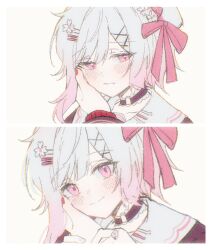  2girls beret black_choker black_hat border choker closed_mouth flower gradient_hair hair_flower hair_ornament hand_on_another's_face hat hat_flower hat_ribbon mahou_shoujo_no_majo_saiban multicolored_hair multiple_girls nail_polish nikaido_hiro o-ring o-ring_choker official_alternate_costume pink_eyes pink_hair red_nails ribbon ritzchrono sakuraba_ema short_hair smile solo_focus white_border white_flower white_hair x_hair_ornament yuri 