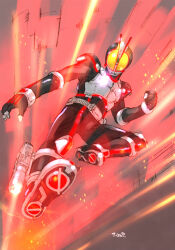  1boy armor artist_name belt bodysuit breastplate clenched_hand commentary_request dynamic_pose faiz_driver faiz_pointer flying_kick full_body glowing grey_background helmet highres himehachi_(hime8manga) kamen_rider kamen_rider_555 kamen_rider_faiz kicking knee_guards male_focus midair open_hand outstretched_arm rider_belt rider_kick shoe_soles shoulder_guard signature simple_background solo tokusatsu 