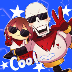  1:1 1boy 1other 2022 2d alternate_costume ambiguous_gender armor blue_background blue_shorts brown_hair cape child cosplay digital_media duo english_text frisk_(undertale) gloves height_difference human humanoid leaning_to_the_side male mistk12 monster monster_boy outline papyrus_(undertale) papyrus_(undertale)_(cosplay) print_shirt red_cape red_gloves shirt short_hair short_sleeves shorts sitting sitting_on_arm sitting_on_person skeleton smile star_(symbol) star_symbol_background sunglasses teeth text undead undertale utdr_(toby_fox) variant_set white_armor white_outline white_shirt yellow_trim 