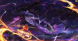  1girl alterkyon battle black_horns commission glowing highres horns long_hair magical_girl monster orange_hair original size_difference sky star_(sky) starry_sky 