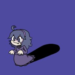  1girl @_@ ahoge animated animated_gif black_hair closed_mouth commentary deformed dress english_commentary evil_grin evil_smile fang fang_out gengar grin hair_between_eyes hairband hereliescallie hex_maniac_(pokemon) hex_maniac_(pokemon_xy) long_dress long_hair long_sleeves looking_ahead looking_back looping_animation no_nose pokemon pokemon_(creature) pokemon_x_and_y purple_background purple_dress purple_hairband shaded_face shadow simple_background smile solo standing 