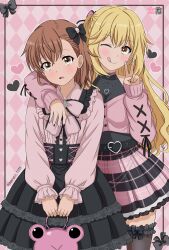  2girls :q ;q arm_around_shoulder asymmetrical_bangs bag black_bow black_nails black_skirt black_thighhighs blonde_hair bow brown_eyes brown_hair commentary_request frilled_thighhighs frills hair_bow handbag heart heart_necklace high-waist_skirt highres jewelry lolita_fashion long_hair long_sleeves looking_at_viewer medium_hair misaka_mikoto multicolored_nails multiple_girls necklace official_alternate_costume one_eye_closed pink_nails pink_shirt pink_skirt shirt shokuhou_misaki simple_background skirt smile sparkling_eyes thigh-highs toaru_kagaku_no_railgun toaru_majutsu_no_index tongue tongue_out twitter_username two-tone_skirt umaruli_1225 v yellow_eyes 