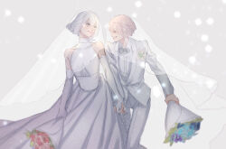  1boy 1girl bouquet bow bowtie bridal_veil closed_mouth collared_shirt commentary_request crossdressing crossdressing_(ftm) crossdressing_(mtf) dress elbow_gloves feet_out_of_frame gloves grey_background grey_bow grey_bowtie grey_eyes hetero highres holding holding_bouquet holding_hands husband_and_wife jack_jeanne jacket looking_at_another pace_(kanna) reverse_trap shirota_mitsuki shirt simple_background sleeveless sleeveless_dress smile suit tachibana_kisa trap veil wedding wedding_dress white_gloves white_jacket white_shirt white_suit 