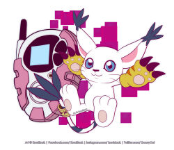  animal_ears artist_name blue_eyes claws digimon digimon_(creature) digivice facebook_username highres instagram_username kwnblack long_hair looking_at_viewer no_humans solo tail tailmon twitter_username web_address white_fur 