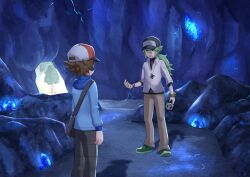  2boys absurdres bag bangle black_bag black_hat blue_jacket bracelet brown_hair brown_pants cave_interior collared_shirt commentary_request day electricity fake_screenshot faux_3d green_hair green_shoes hat highres hilbert_(pokemon) jacket jewelry long_hair long_sleeves male_focus multiple_boys n_(pokemon) pants pokemon pokemon_black_and_white shirt shoes short_hair shoulder_bag standing textless_version undershirt white_shirt wristband yukinoko2200 