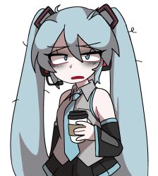  1girl bags_under_eyes blue_eyes blue_hair coffee collared_shirt commentary_request cup detached_sleeves disposable_coffee_cup disposable_cup domuyang hair_ornament half-closed_eyes hatsune_miku headphones headset highres holding holding_cup korean_commentary long_hair long_sleeves messy_hair necktie open_mouth pleated_skirt shirt skirt sleepy sleeveless sleeveless_shirt solo twintails very_long_hair vocaloid 