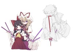  2girls ascot blonde_hair bow brown_hair closed_mouth detached_sleeves dress frilled_bow frilled_hair_tubes frills hair_bow hair_tubes hakurei_reimu hat hat_ribbon highres long_hair mob_cap multiple_girls multiple_hair_bows purple_ribbon purple_tabard red_bow red_eyes red_ribbon red_skirt ribbon ribbon-trimmed_sleeves ribbon_trim skirt skirt_set smile tabard touhou very_long_hair violet_eyes white_dress white_hat yakumo_yukari yellow_ascot yuji_tsukumo yuri 