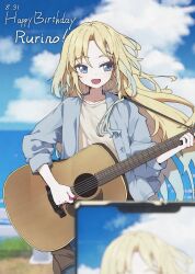  1girl acoustic_guitar blonde_hair blue_eyes blue_hair character_name clouds cloudy_sky commentary_request dated day fang gradient_hair guitar happy_birthday highres holding holding_guitar holding_instrument instrument long_hair love_live! love_live!_hasu_no_sora_jogakuin_school_idol_club multicolored_hair ocean open_mouth osawa_rurino outdoors playing_guitar playing_instrument sio_pasta sky smile solo 