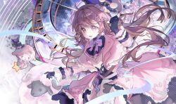  1girl :d animal_ears arknights black_gloves black_hat brown_hair clip_studio_paint_(medium) coat cowboy_shot dolly_(arknights) dress eyjafjalla_(arknights) eyjafjalla_(fluffy_little_witch)_(arknights) gloves hand_up hat highres horns long_hair long_sleeves looking_at_viewer my_melody_(series) my_sweet_piano official_alternate_costume open_mouth pink_coat pink_eyes sanrio sheep_ears sheep_girl sheep_horns smile solo standing star_(symbol) top_hat yu_yu_luelue 