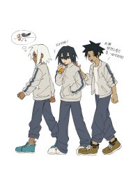  1girl 2boys aged_down black_eyes black_hair black_socks blue_pants blue_shoes brown_shoes chinese_commentary chinese_text commentary_request cup drinking drinking_straw false_memory grey_jacket guan_chao_(false_memory) guan_chao_(teenager)_(false_memory) hair_between_eyes hair_down he_mingshuo high_collar high_tops highres holding holding_cup jacket male_focus medium_hair multiple_boys open_clothes open_jacket pants pants_rolled_up school_uniform shirt shoelaces shoes simple_background sleeves_rolled_up sneakers socks speech_bubble spiky_hair track_jacket translation_request white_hair white_shirt white_shoes 