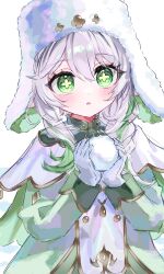  1girl 316_lp absurdres blush capelet cross-shaped_pupils dress genshin_impact gold_trim green_dress green_eyes hair_between_eyes hand_up hands_up hat highres holding holding_snowball long_sleeves looking_at_viewer nahida_(genshin_impact) nahida_(nord_express)_(genshin_impact) official_alternate_costume parted_lips simple_background snowball solo symbol-shaped_pupils upper_body white_background white_capelet white_hair white_hat 