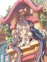  1girl bare_shoulders black_hair blue_eyes breasts building commentary_request den_dendayo detached_sleeves dress fins flower genshin_impact green_hair hair_flower hair_ornament hair_over_one_eye head_fins highres leaning_forward leaning_out_of_window long_hair looking_outside multicolored_hair open_mouth outdoors small_breasts smile solo streaked_hair through_window very_long_hair vodyanitsa_(genshin_impact) white_dress 