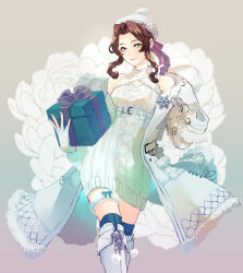  1girl absurdres aerith_gainsborough aerith_gainsborough_(fairy_of_snowfall) aqua_nails bare_shoulders blue_thighhighs boots braid braided_ponytail breasts brown_hair cable_knit christmas_present cleavage_cutout closed_mouth clothing_cutout coat coat_partially_removed corsage demi_co dress feet_out_of_frame final_fantasy final_fantasy_vii final_fantasy_vii:_ever_crisis fingerless_gloves fur-trimmed_coat fur-trimmed_thigh_strap fur_trim gift gloves green_eyes grey_background hair_ribbon hat highres knit_sweater long_coat looking_at_viewer medium_breasts nail_polish off_shoulder official_alternate_costume parted_bangs red_ribbon ribbed_socks ribbon short_dress sidelocks single_braid smile snowflake_brooch socks solo standing sweater sweater_dress thigh-highs thigh_boots thigh_strap thighhighs_under_boots white_boots white_coat white_gloves white_hat winter_clothes winter_coat 