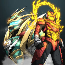  2boys absurdres antennae armor armored_bodysuit black_bodysuit bodysuit character_mask chou_uchuu_keiji_gavan_infinity combat_helmet commentary_request compound_eyes full_armor gavan_infinity_apollon gloves glowing glowing_eyes helmet highres kamen_rider kamen_rider_zeztz kamen_rider_zeztz:_farewell_mission kamen_rider_zeztz_(series) male_focus mask multicolored_armor multiple_boys naitsupic red_armor red_bodysuit red_helmet science_fiction silver_armor super_space_sheriff_gavan_infinity_the_movie:_the_day_the_sun_cried tokusatsu two-tone_armor zeztz_driver 