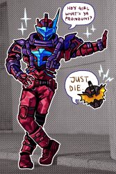  2boys animification armor awnrii bat_wings blood_stalk commentary english_commentary english_text full_body hand_on_own_hip hand_up highres kamen_rider kamen_rider_build_(series) lightning_bolt_symbol male_focus multiple_boys night_rogue outline sparkle speech_bubble standing tokusatsu white_outline wings 