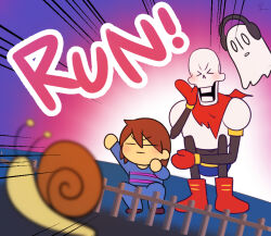  >o< 0_0 2023 2d 2others =_= ambiguous_gender animal armor blue_pants blue_shirt blue_shorts blurry blurry_foreground boots brown_hair brown_shoes cape child closed_eyes digital_media double_horizontal_stripe dutch_angle emphasis_lines english_text fence floating frisk_(undertale) ghost gloves gradient_background headphones height_difference horizontal-striped_clothes human humanoid long_sleeves male mistk12 monster monster_boy multiple_others napstablook pants papyrus_(undertale) pink_stripes red_boots red_cape red_gloves sheet_ghost shirt shoes short_hair shorts shouting skeleton snail squatting striped_clothes striped_shirt teeth text trio two-tone_shirt undead undertale utdr_(toby_fox) white_armor yellow_trim 