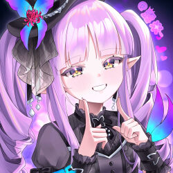  1girl absurdres artist_name black_bow black_dress black_hat blush bow breasts bug butterfly dress drill_hair fingernails flower gothic_lolita grin hat heart highres index_finger_raised kyoka_(gothic)_(princess_connect!) kyoka_(princess_connect!) lolita_fashion long_hair looking_at_viewer mini_hat pointy_ears princess_connect! purple_hair qiye_jiexian ribbon short_sleeves small_breasts smile solo twintails upper_body wrist_cuffs yellow_eyes 