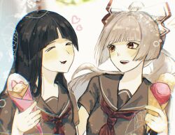  >_< 2girls alternate_costume black_sailor_collar black_shirt blush bow brown_hair commentary_request crepe food fujiwara_no_mokou grey_hair hair_bow highres holding holding_crepe holding_food houraisan_kaguya long_hair multiple_girls neckerchief neruko_(piano00324) open_mouth red_eyes red_neckerchief sailor_collar school_uniform shirt short_sleeves smile teeth touhou upper_body upper_teeth_only 