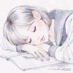  1girl absurdres book brown_hair canvas_texture closed_eyes closed_mouth colored_pencil_(medium) commentary_request facing_to_the_side fingernails grey_sailor_collar hair_behind_ear highres lips long_sleeves naho_graphics notebook open_book original painting_(medium) pencil pink_lips pink_nails sailor_collar school_uniform serafuku shirt short_hair signature simple_background sleeping solo traditional_media watercolor_(medium) web_address white_background white_shirt 