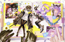  2girls absurdres arknights arknights:_endfield bare_shoulders black_coat black_hair black_horns black_overskirt black_pantyhose black_thighhighs blindfold_mask blue_flower book breasts chinese_commentary cloak coat commentary_request demon_girl demon_horns detached_sleeves endministrator_(arknights) female_endministrator_(arknights) flower framed_breasts full_body hannhi_1005 headgear headlamp highres hood hood_down hooded_cloak horns large_breasts low_twintails lying mask medium_breasts multiple_girls on_back on_side open_book out_of_frame overskirt pantyhose pantyhose_under_shorts photo_(object) pointing pov pov_hands purple_hair ringlets safety_pin short_hair shorts sticky_note sweater tail thigh-highs twintails typhoeus_(arknights) typhon_(arknights) violet_eyes white_sweater 