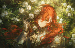  1boy argenti_(honkai:_star_rail) armor breastplate closed_mouth clothing_request flower from_above gauntlets green_eyes helen_zzhao highres honkai:_star_rail honkai_(series) leaf long_hair looking_at_viewer red_hair rerebrace shoulder_armor solo upper_body vambraces white_flower 