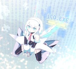  1girl binary black_thighhighs blue_eyes character_name closed_mouth commentary english_commentary english_text from_above full_body hair_between_eyes highres ico_(megaman_x_dive) looking_at_viewer looking_up mega_man_(series) mega_man_x_(series) mega_man_x_dive pupuypuyu robot_girl sitting solo thigh-highs wariza white_hair 