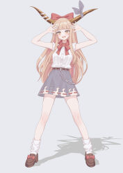  1girl :d absurdres blonde_hair bow bowtie brown_horns brown_shoes commentary_request full_body hair_bow highres horn_ornament horn_ribbon horns ibuki_suika loafers looking_at_viewer making-of_available oni open_mouth purple_skirt red_bow red_bowtie ribbon ribbon-trimmed_skirt ribbon_trim shadow shirt shoes skirt smile socks solo tinatama touhou white_shirt white_socks yellow_eyes 