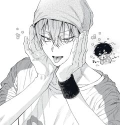  2boys alien_stage beanie commentary flower_symbol greyscale hands_on_own_face hat heart highres ivan_(alien_stage) male_focus mni4545 monochrome multiple_boys shirt short_hair solo_focus till_(alien_stage) tongue tongue_out translation_request very_short_hair wristband 