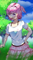  1girl :d blue_sky blush casual clouds commentary day doki_doki_literature_club english_commentary eyelashes fang frilled_skirt frills gianxander grass hair_intakes hair_ornament hair_ribbon hand_on_own_hip highres natsuki_(doki_doki_literature_club) official_alternate_costume open_mouth outdoors pink_eyes pink_hair pink_skirt red_ribbon ribbon shirt short_hair short_sleeves skirt sky smile solo tree two_side_up white_shirt 