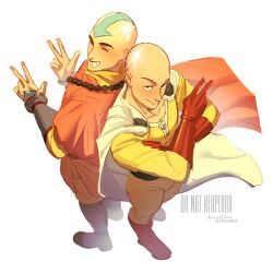  2boys aang absurdres aisatsaa arrow_(symbol) arrow_tattoo avatar:_the_last_airbender avatar_aang:_the_last_airbender avatar_legends bald blue_tattoo bodysuit cape forehead_tattoo gloves head_tattoo highres jumpsuit male_focus monk multiple_boys one-punch_man orange_robe red_gloves robe saitama_(one-punch_man) smile superhero_costume tattoo white_cape yellow_bodysuit yellow_jumpsuit 