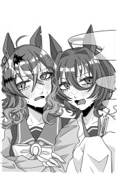  2girls agnes_tachyon_(umamusume) averting_eyes blush bow bowtie commentary_request cork crossed_arms crossed_bangs earrings embarrassed greyscale hair_between_eyes hair_ornament hairclip holding holding_test_tube jewelry jungle_pocket_(umamusume) lab_coat long_sleeves monochrome multiple_earrings multiple_girls notched_ear odag_18 open_mouth sailor_collar simple_background sleeves_past_fingers sleeves_past_wrists smoke sweat test_tube umamusume white_background 