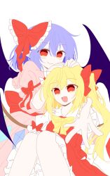  2girls absurdres bat_wings blonde_hair blue_hair bow bowtie closed_mouth collared_shirt commentary_request crystal crystal_wings flandre_scarlet frilled_shirt_collar frilled_skirt frills hair_bow highres looking_at_viewer missing_headwear multicolored_wings multiple_girls one_side_up open_mouth pink_shirt pink_skirt reaching reaching_towards_viewer red_bow red_eyes red_skirt red_vest remilia_scarlet shirt siblings sisters skirt skirt_set sleeve_bow smile touhou vest wakana1327 white_shirt wings yellow_bow yellow_bowtie 