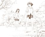  barefoot bridge brown creek monochrome multiple_girls nature original pleated_skirt rock school_uniform skirt untucked wading yoshitomi_akihito 