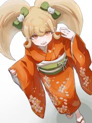  1girl blonde_hair bow commentary danganronpa_(series) danganronpa_2:_goodbye_despair from_above green_bow hands_up highres japanese_clothes kan_1016pg kimono long_hair looking_at_viewer obi orange_eyes orange_kimono print_kimono saionji_hiyoko sandals sash shadow smile solo teeth twintails white_background zouri 