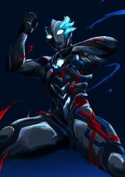  1boy alien armor asymmetrical_horns aura blue_background blue_horns color_timer colored_skin commentary compound_eyes cowboy_shot dorsal_fin fighting_stance from_below giant giant_male glowing glowing_eyes gradient_background hands_up horns kintsuba_(kintsuba_08) legs_apart looking_ahead male_focus multicolored_skin no_pupils pectorals red_skin shoulder_armor silver_skin solo tokusatsu toned toned_male ultra_series ultraman_blazar ultraman_blazar_(series) white_eyes wrinkled_skin 