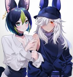  2boys animal_ears animal_hat black_choker black_hair black_hat black_jacket black_shirt black_tail blush choker closed_mouth cyno_(genshin_impact) earrings fox_ears fox_tail genshin_impact green_eyes green_hair grey_hair hair_between_eyes hair_over_one_eye hat highres jacket jewelry male_focus multicolored_hair multiple_boys nyamnyam_(ny_am_030) red_eyes shirt short_sleeves single_earring smile streaked_hair tail tighnari_(genshin_impact) white_background white_hair white_shirt 