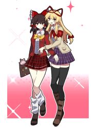  2girls alternate_costume armband bag black_thighhighs blonde_hair blush boots bow bowtie brown_bag brown_boots cardigan chinese_commentary closed_mouth collared_shirt commentary_request contemporary frilled_bow frilled_hair_tubes frills full_body hair_bow hair_tubes hakurei_reimu highres jacket long_hair multiple_girls open_cardigan open_clothes open_jacket plaid_clothes plaid_skirt purple_skirt red_armband red_bow red_cardigan red_skirt school_uniform shirt shoes skirt socks thigh-highs touhou white_shirt white_socks yakumo_yukari yakumo_yukari_(axolotl) yellow_bow yellow_bowtie yellow_jacket yuri zi_ziyuan_zuhsjsh 