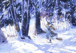  1girl apron black_hat black_skirt black_vest blonde_hair bow commentary_request full_body hat hat_bow highres kirisame_marisa long_hair outdoors skirt snow snowing solo touhou tree vest waist_apron white_apron white_bow winter witch_hat xin_yun 