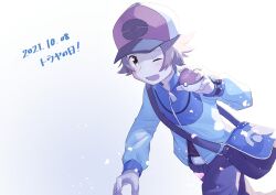  1boy :d ;d bag black_pants blue_jacket brown_eyes brown_hair commentary_request dated falling_petals hand_up hat hilbert_(pokemon) holding holding_poke_ball jacket long_sleeves male_focus one_eye_closed open_mouth pants petals poke_ball poke_ball_(basic) pokemon pokemon_black_and_white short_hair shoulder_bag smile solo xtransceiver yukinoko2200 zipper_pull_tab 
