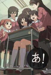  ! 6+girls :/ :d a_(phrase) absurdres azumanga_daioh azumanga_daioh's_school_uniform black_hair black_thighhighs brown_eyes brown_hair ceiling ceiling_light chair character_sticker classroom closed_eyes closed_mouth commentary desk fluorescent_lamp from_below glasses hair_between_eyes highres indoors kagura_(azumanga_daioh) kasuga_ayumu kneehighs long_hair mihama_chiyo mihama_chiyo's_father mizuhara_koyomi multiple_girls on_chair open_mouth orange_hair pink_shirt pleated_skirt purple_skirt sailor_collar sakaki_(azumanga_daioh) school_uniform shiny_clothes shirt shoes short_hair sim_aun_09 sitting skirt smile socks standing sticker takino_tomo thigh-highs untranslatable_commentary white_sailor_collar white_shoes white_socks 