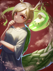  1girl absurdres antlers blonde_hair blue_shirt closed_mouth commentary_request dragon_girl dragon_horns dragon_tail green_scales hasukappu highres horns kicchou_yachie looking_at_viewer otter otter_spirit_(touhou) red_eyes shirt short_hair smile square_neckline tail touhou turtle_shell yellow_horns 