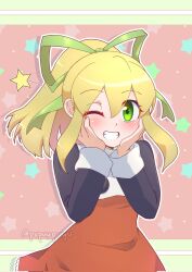  1girl :d ;d artist_name blonde_hair blush bow commentary dress english_commentary green_bow green_eyes hair_between_eyes hair_bow hands_on_own_face highres long_hair long_sleeves looking_at_viewer mega_man_(classic) mega_man_(series) one_eye_closed ponytail pupuypuyu red_dress roll_(mega_man) sidelocks smile solo star_(symbol) teeth twitter_username 