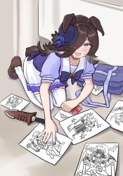  1girl absurdres agay1996 animal_ears bag blue_flower blue_rose blush bow bowtie brown_hair brown_shoes dagger drawing_(object) ears_down flipped_hair flower full_body furrowed_brow hair_over_one_eye hat hat_flower heavy_breathing highres horse_ears horse_girl horse_tail indoors knife long_hair looking_at_viewer love_letter notebook open_mouth paper purple_bow purple_bowtie purple_serafuku purple_shirt rice_shower_(umamusume) rose school_uniform serafuku shirt shoes short_sleeves shoulder_bag solo summer_uniform sweat tail thigh-highs tilted_headwear tracen_school_uniform umamusume violet_eyes weapon white_thighhighs 