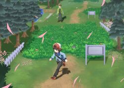  2boys absurdres bag black_pants blue_bag blue_jacket brown_eyes brown_hair closed_mouth commentary_request day fake_screenshot falling_petals faux_3d fence flower grass hat highres hilbert_(pokemon) jacket long_sleeves male_focus multiple_boys outdoors pants patrat petals pink_flower pokemon pokemon_(creature) pokemon_black_and_white purrloin red_shoes shoes short_hair shoulder_bag sign tree yukinoko2200 