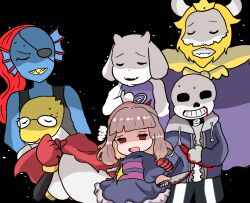 1other 2022 2d 3boys 3girls adapted_costume alphys ambiguous_gender animal_ears animal_nose anthro armor artistic_error asgore_dreemurr bad_end beard black_background black_eyepatch black_shorts blonde_hair blood blood_from_mouth blue_dress blue_jacket blue_shorts blue_skin body_fur brothers brown_hair buck_teeth cape child closed_eyes colored_sclera colored_skin colored_teeth delta_rune_(symbol) delta_rune_print digital_media double_horizontal_stripe dress droopy_ears ear_fins everyone eyepatch facial_hair fangs female fins fish fish_girl floppy_ears frilled_dress frills frisk_(undertale) furry furry_female furry_male gloves goat goat_boy goat_ears goat_girl goat_horns grey_hood head_fins headless high_ponytail holding holding_knife hollow_eyes hood hood_down hooded_jacket horizontal-striped_clothes horns human humanoid jacket knife lizard lizard_girl long_hair long_sleeves male mammal monster monster_boy monster_girl multiple_boys multiple_girls open_clothes open_jacket open_mouth papyrus_(undertale) pink_stripes ponytail purple_robe red_cape red_gloves red_hair reptile reptile_girl robe ruppina531 sans_(undertale) scalie shaded_face sharp_teeth shirt short_hair shorts siblings simple_background single_vertical_stripe skeleton skin_fangs slit_pupils striped_clothes striped_dress striped_shorts sweat teeth toriel two-tone_dress undead undertale undyne upper_body utdr_(toby_fox) variant_set vertical-striped_clothes vertical-striped_shorts weapon white_armor white_fur white_horns white_shirt white_sleeves white_stripes yellow_sclera yellow_skin yellow_teeth yellow_trim