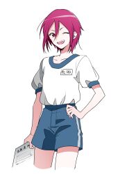  1boy aged_down commentary_request cowboy_shot free! gym_shorts gym_uniform hand_on_own_hip highres hinabu holding holding_paper male_focus matsuoka_rin name_tag one_eye_closed open_mouth paper red_hair shirt_tucked_in short_hair shorts smile solo white_background 
