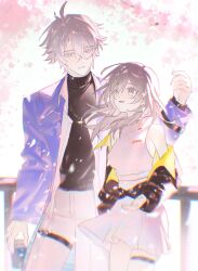  1boy 1girl absurdres against_railing annann_nna antenna_hair bare_shoulders black_jacket black_sweater blue_coat blue_eyes breasts cherry_blossoms coat commentary couple cowboy_shot cup disposable_coffee_cup disposable_cup dress grey_hair hand_up height_difference hetero highres holding holding_cup honkai:_star_rail honkai_(series) jacket long_hair long_sleeves looking_at_another medium_breasts off_shoulder official_alternate_costume open_mouth outdoors pants phainon_(express_travel)_(honkai:_star_rail) phainon_(honkai:_star_rail) railing short_hair sleeveless sleeveless_dress stelle_(honkai:_star_rail) stelle_(world_tour_2023)_(honkai:_star_rail) sweater thigh_strap trailblazer_(honkai:_star_rail) turtleneck turtleneck_sweater untranslatable_commentary white_dress white_hair white_pants yellow_eyes yellow_pupils 